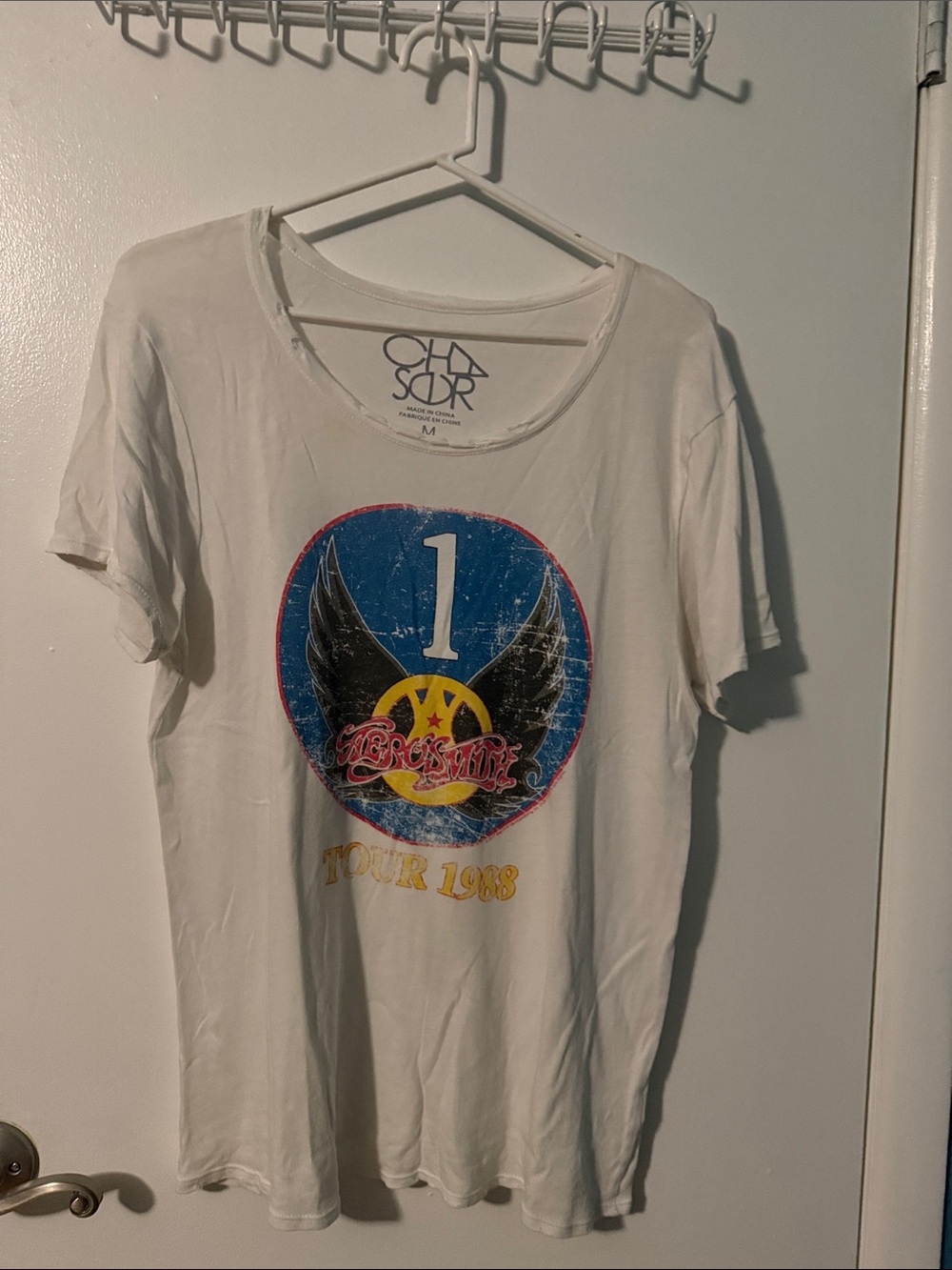 White Graphic Aerosmith Band T-Shirt with Number 1 and Wings